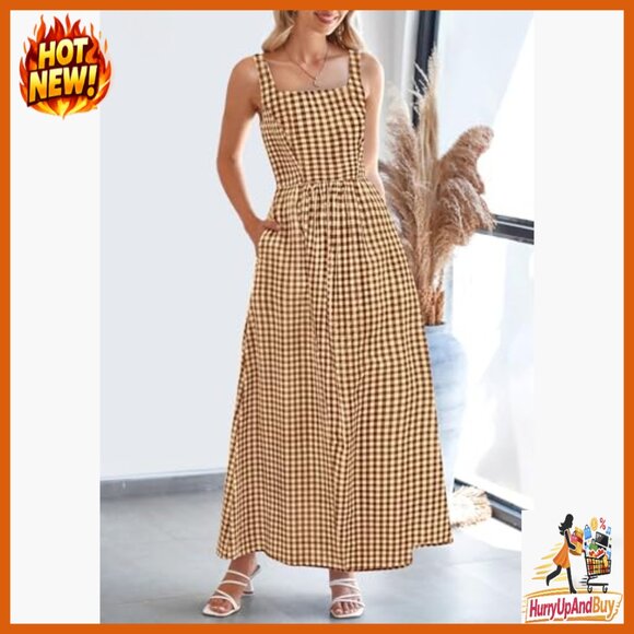 Plaid Square Neck Maxi Dress Spaghetti Strap A-Line Casual Beach Vacation - Picture 4 of 7